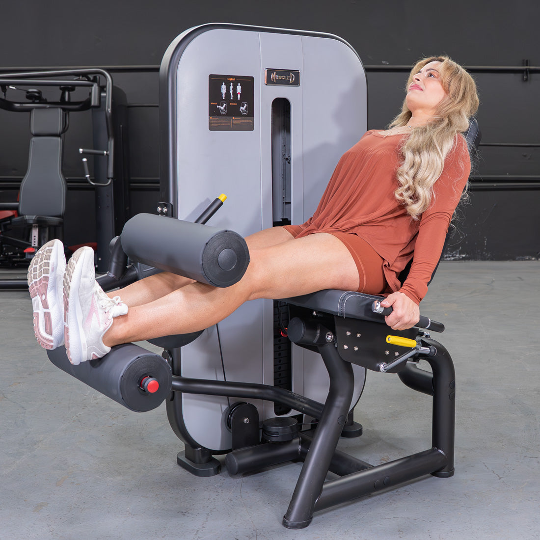 muscle d fitness commercial selectorized vogue black and light grey seated leg curl machine