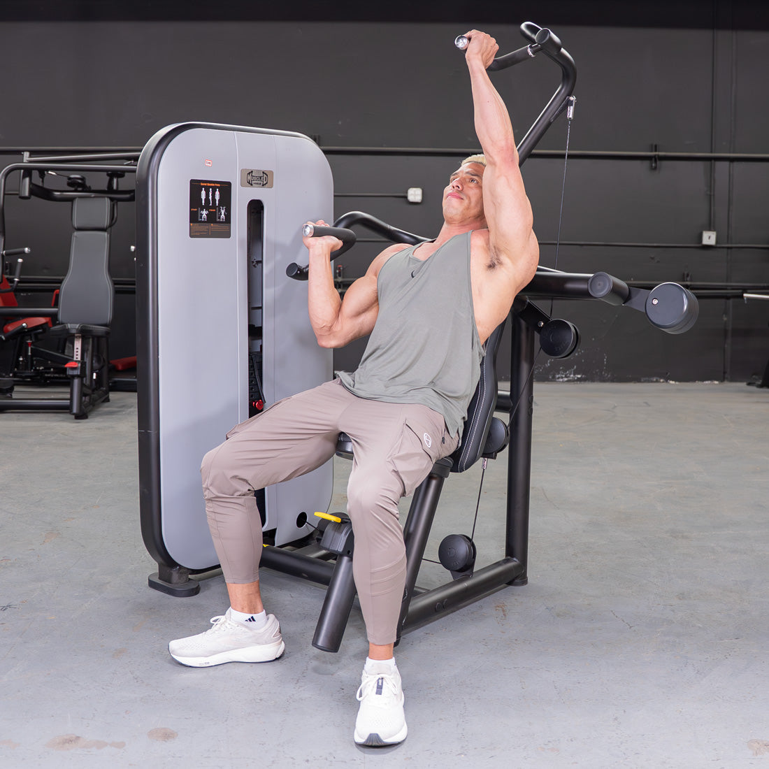 muscle d fitness commercial selectorized vogue black and light grey shoulder press machine