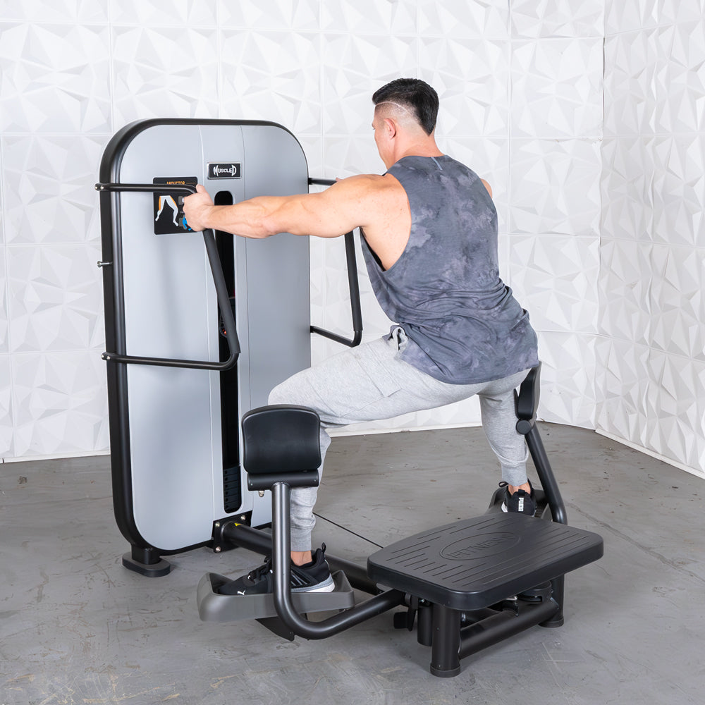 commercial grade black and white selectorized standing abductor machine