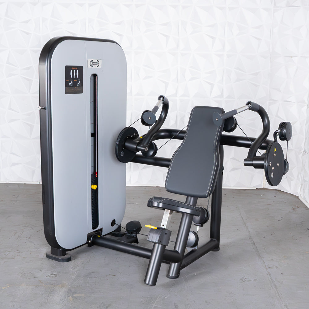 commercial grade black and white selectorized triceps extension machine