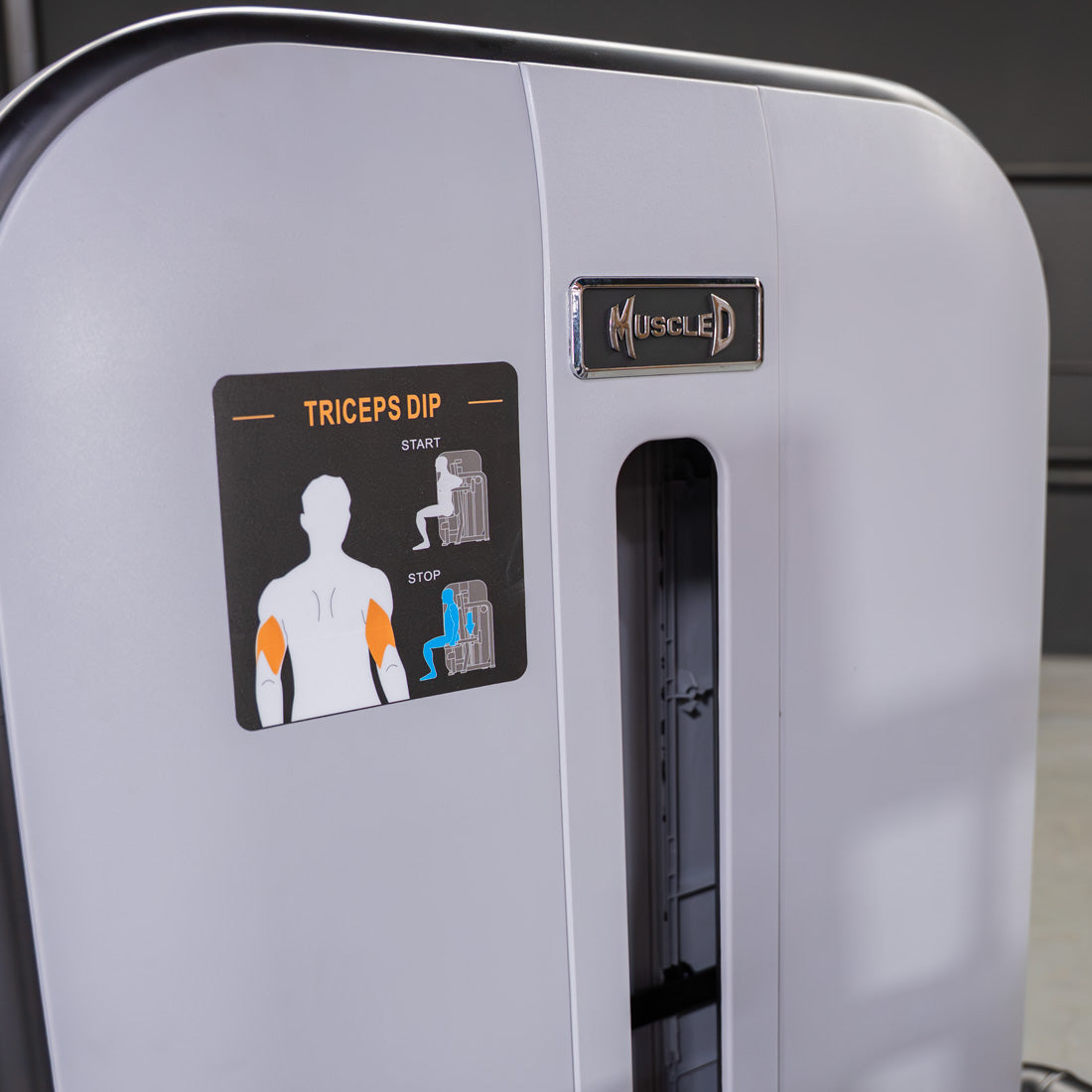 muscle d fitness commercial selectorized vogue black and light grey triceps press down machine detail