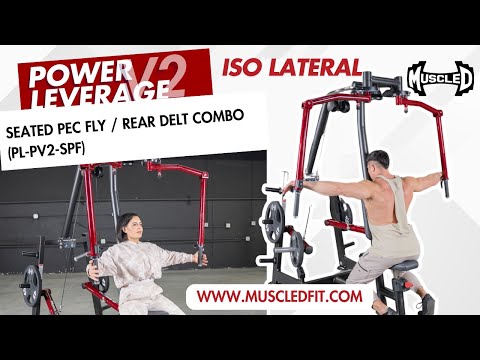 muscle d fitness commercial plate loaded black and maroon power leverage v2 seated pec fly/rear delt combo machine model demonstration video