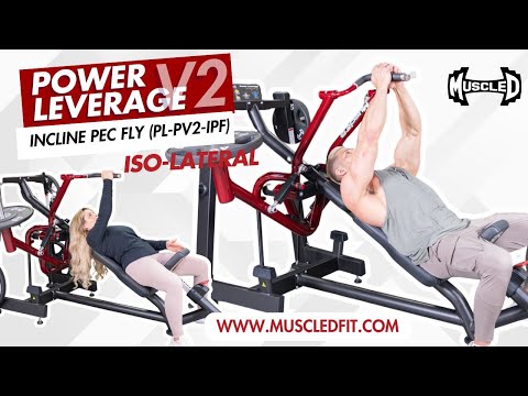 muscle d fitness commercial plate loaded power leverage v2 black and maroon incline pec fly with weight storage model demonstration video