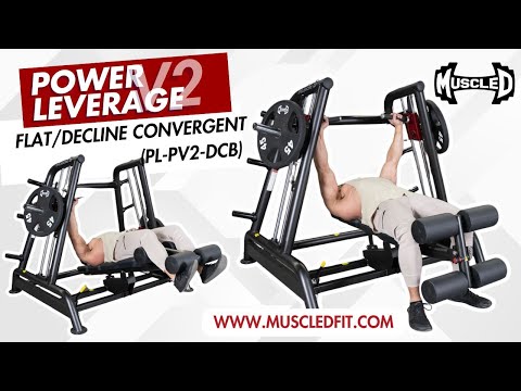muscle d fitness commercial plate loaded power leverage v2 black and maroon flat/decline convergent bench model demonstration video