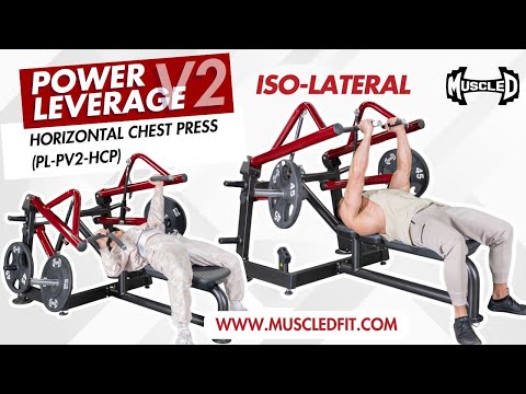 muscle d fitness commercial plate loaded black and maroon power leverage v2 iso lateral horizontal chest press machine model demonstration video