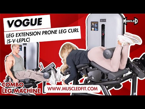 muscle d fitness commercial white and black selectorized vogue leg extension prone leg curl combo model demonstration video