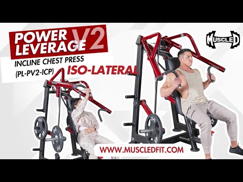 muscle d fitness commercial plate loaded black and maroon power leverage v2 iso lateral incline chest press machine model demonstration video