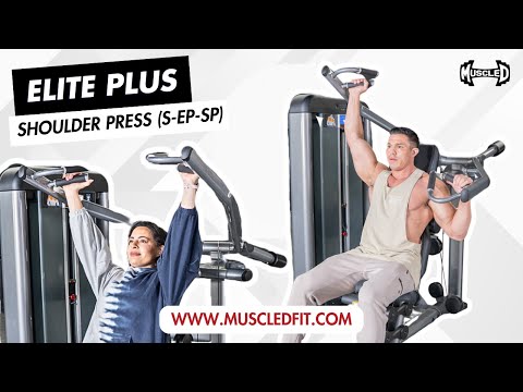 muscle d fitness commercial selectorized black and dark grey elite plus shoulder press machine model demonstration video