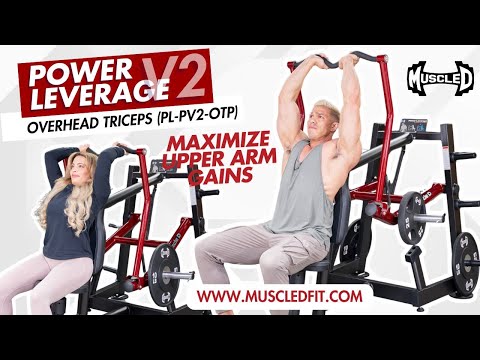 muscle d fitness commercial plate loaded power leverage v2 black and maroon overhead triceps machine with weight storage model demonstration video
