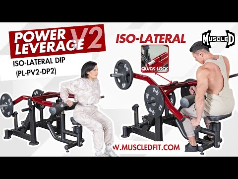 muscle d fitness commercial plate loaded black and maroon power leverage v2 iso lateral dip machine triceps machine model demonstration video