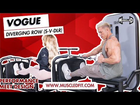 muscle d fitness commercial selectorized vogue black and light grey diverging row machine model demonstration video