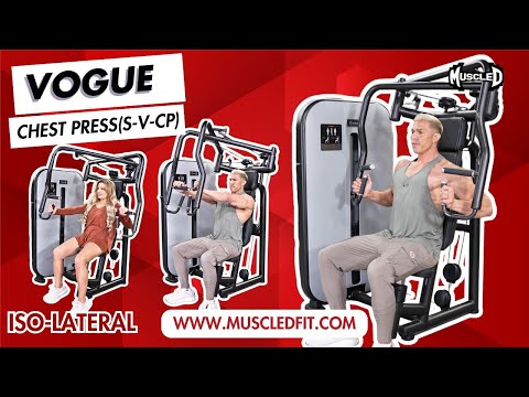 muscle d fitness commercial selectorized vogue black and light grey chest press machine model demonstration video