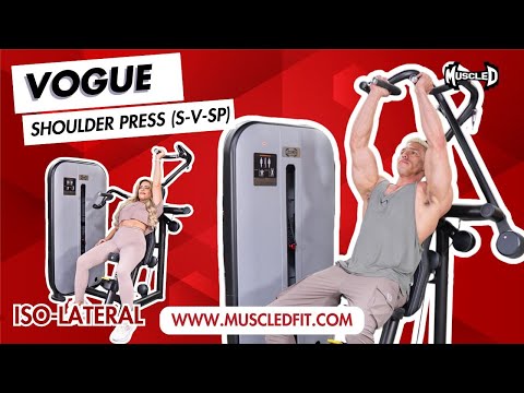 muscle d fitness commercial selectorized vogue black and light grey shoulder press machine model demonstration video
