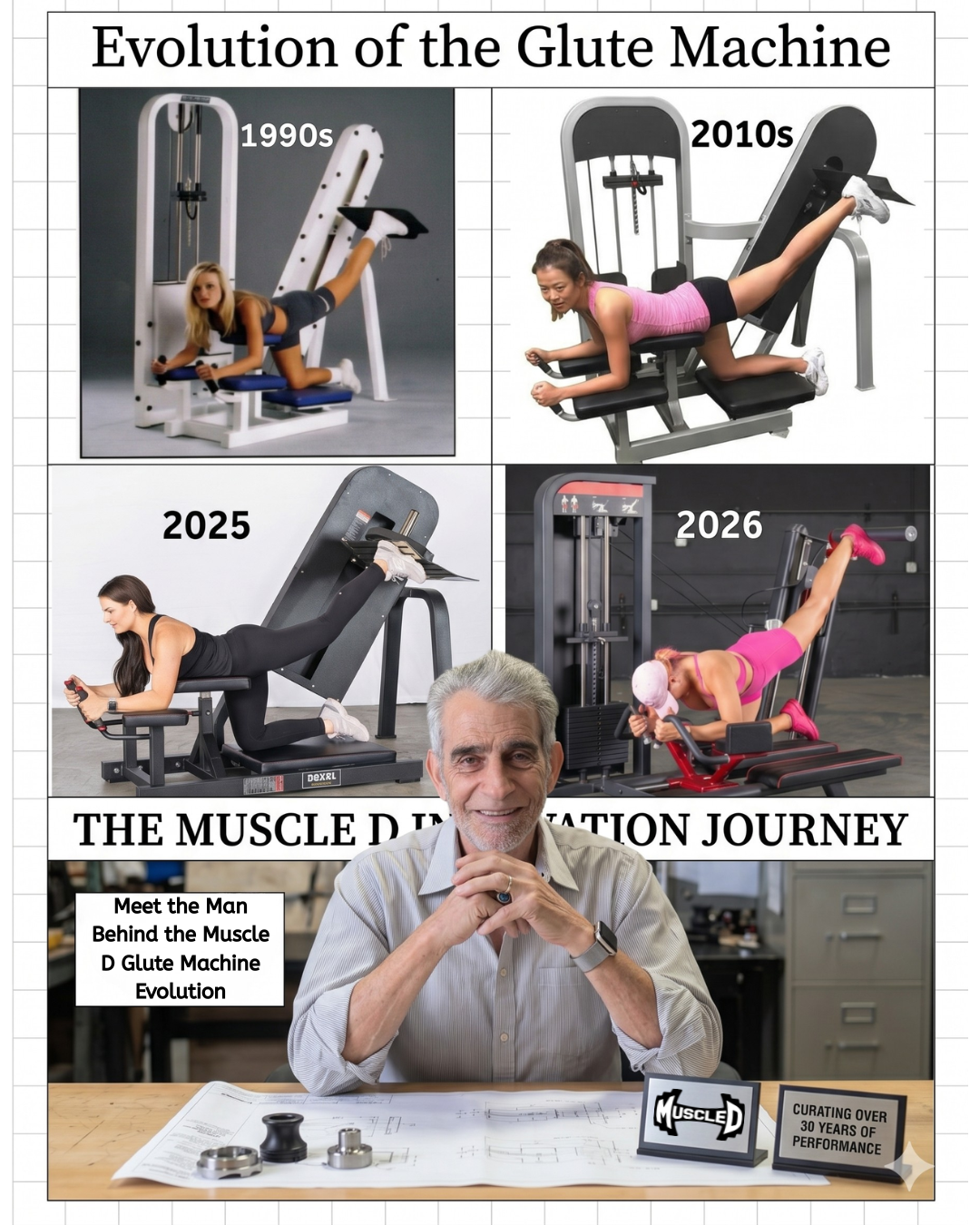 Muscle D Glute Kick Machines over the years.