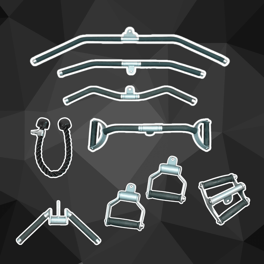 Essentials Cable Attachment Kit - Cable Attachment Kit #2 - Muscle D Fitness - 48 & 36" Lat Bar Curl Bar Single and Double Handles Triceps Rope