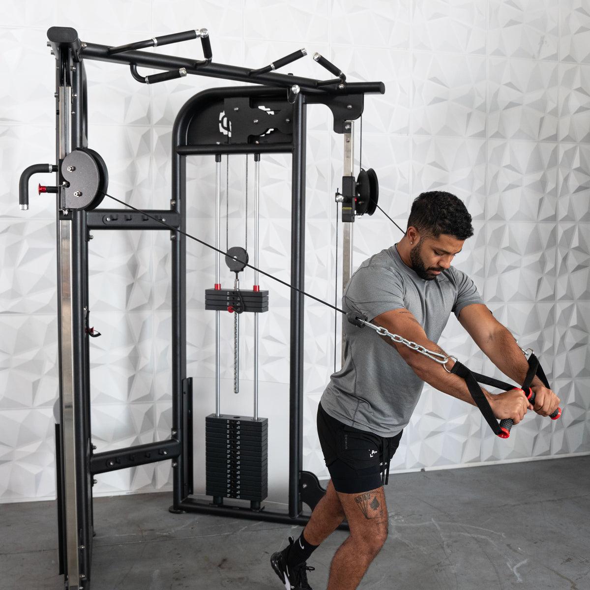 Man doing flys on the Megatron Dual Adjustable Pulley (88" & 95" height) by Muscle D Fitness