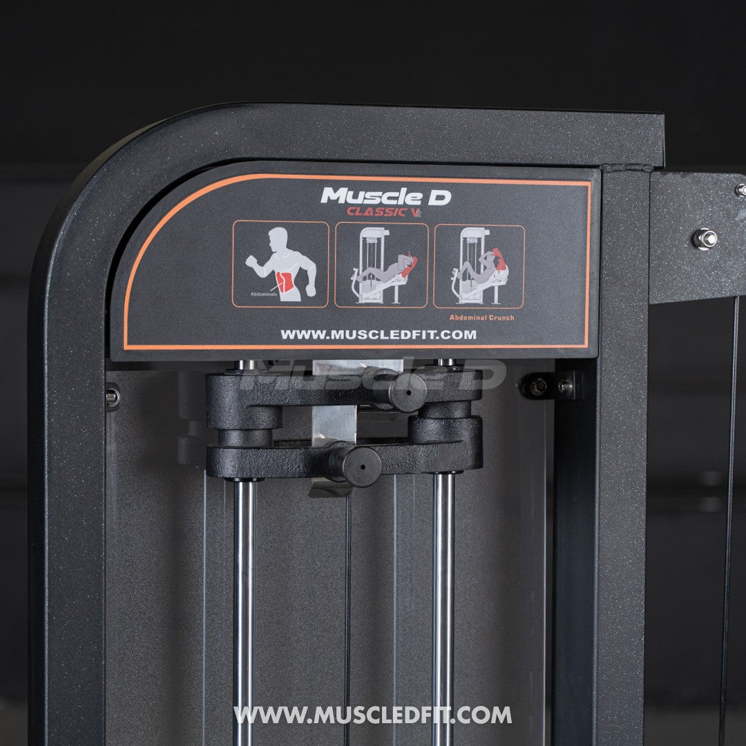 Black exercise machine with 'Muscle D' branding on a dark background