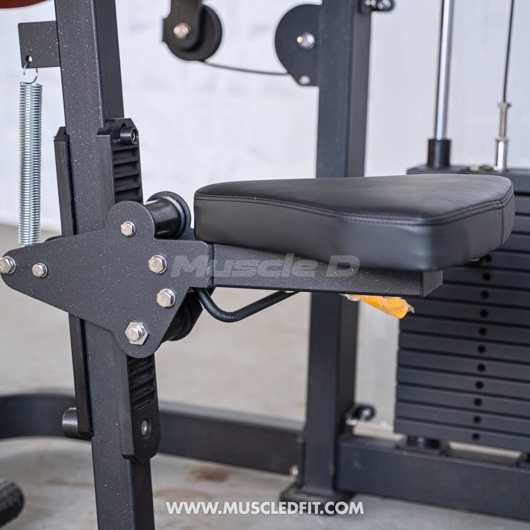 Classic V2 Biceps/Triceps with arm pad in a gym setting, featuring 'Muscle D' branding.