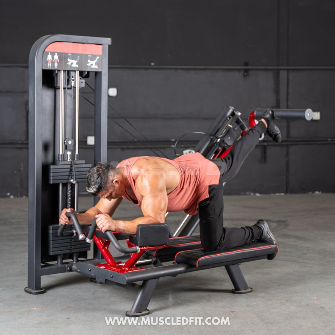 Person using a Classic V2 Glute Kick machine in a fitness setting with 'MuscleDFit' branding.