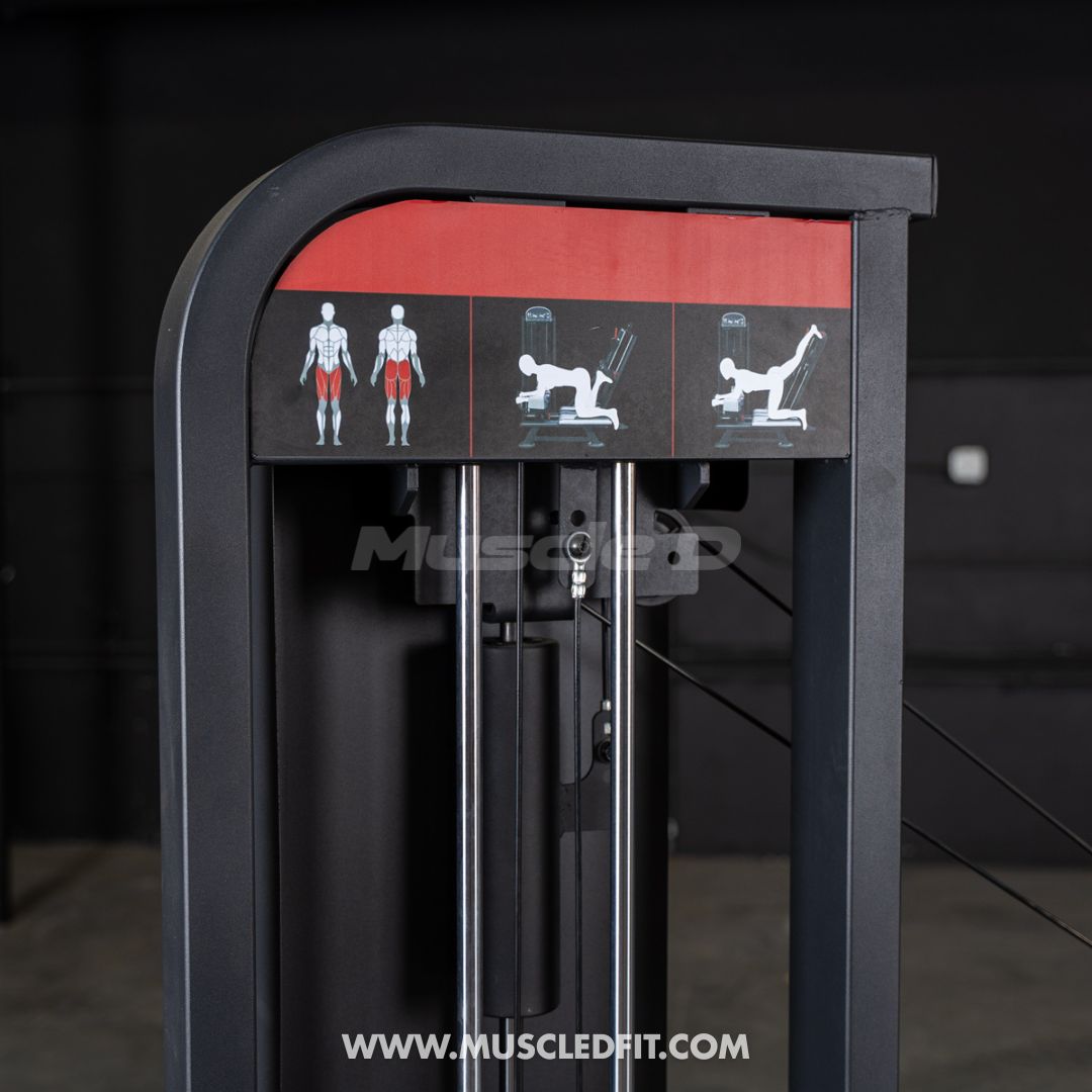 Classic V2 Glute Kick machine with instructional diagrams on a black background