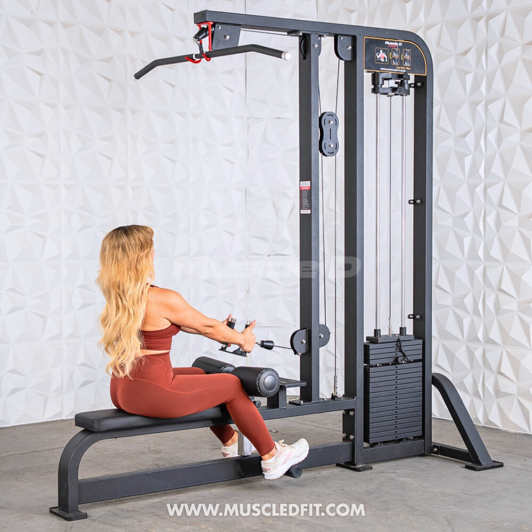 Woman using a Classic V2 Lat Pulldown Low Row Combo machine