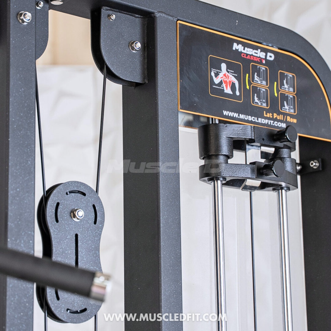 Close-up of a Classic V2 Lat Pulldown Low Row Combo machine with 'Muscle D' branding on a white background