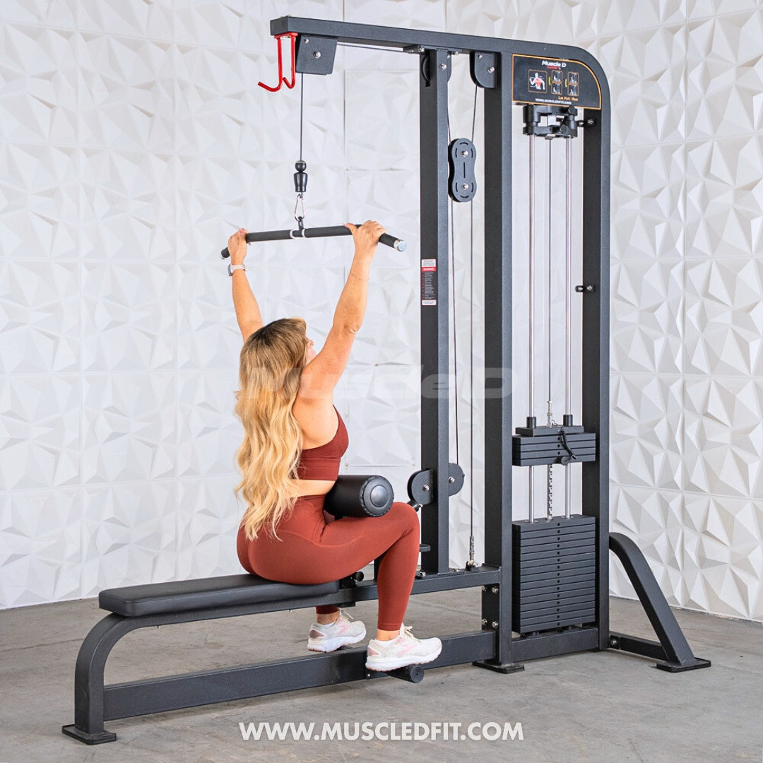 Model using the lat pull portion of the Classic V2 Lat Pulldown Low Row Combo