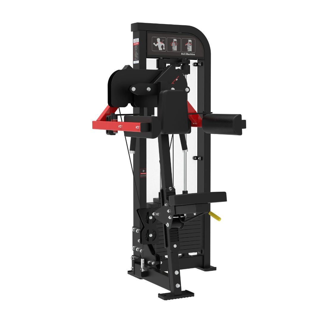 Black and red Muscle D Classic V2 Lateral Raise  machine on a white background