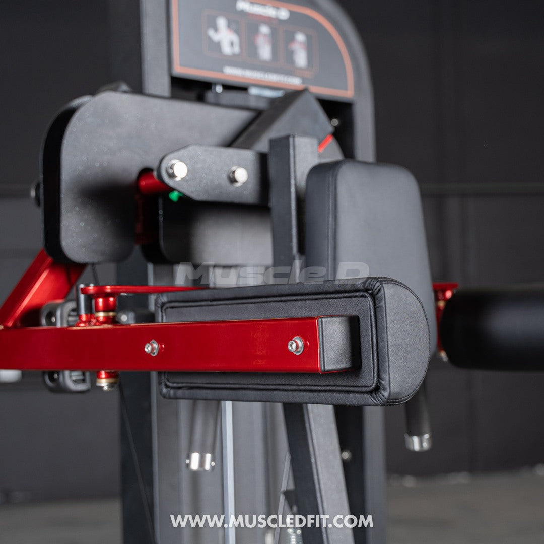 Close-up of Muscle D Classic V2 Lateral Raise equipment with 'Muscle D Fit' branding.