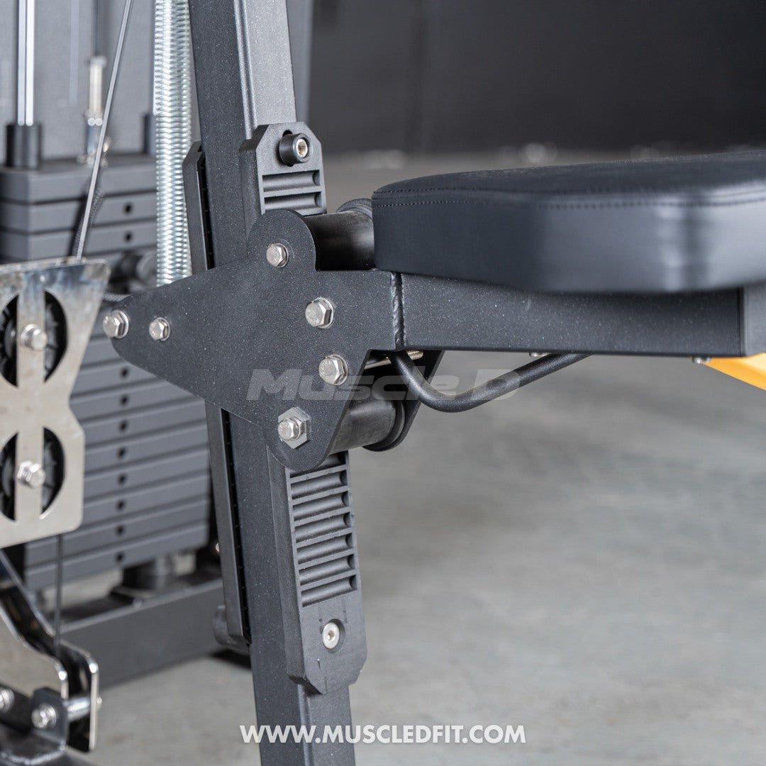 Muscle D Classic V2 Lateral Raise machine with a seat and visible branding on a blurred background