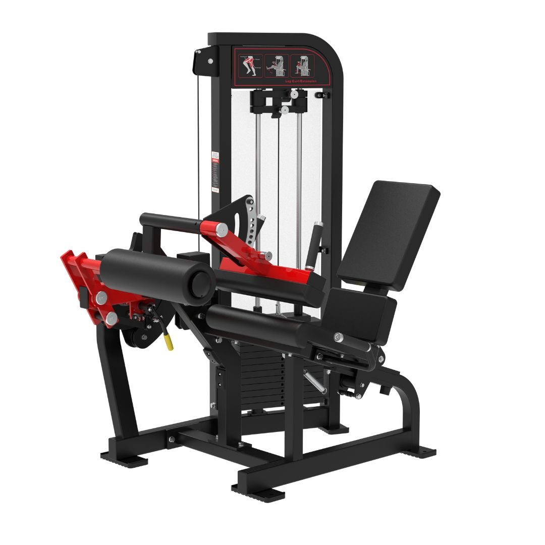 Classic V2 Selectorized Leg Extension / Seated Leg Curl Combo machine with red and black design on a white background