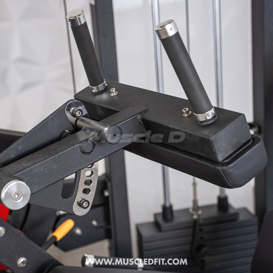 Classic V2 Selectorized Leg Extension / Seated Leg Curl Combo machine with handles and 'Muscle D' branding in a gym setting.