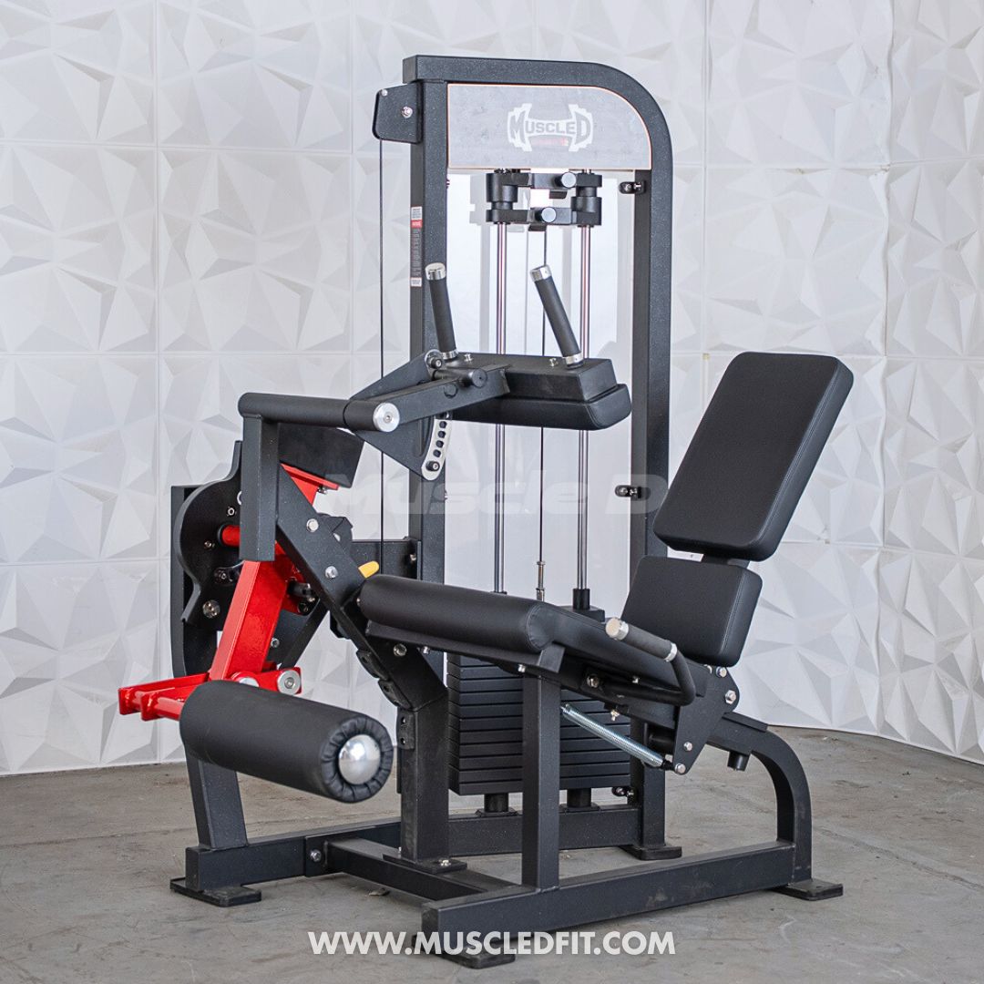 Classic V2 Selectorized Leg Extension / Seated Leg Curl Combo machine with red and black design on a light gray textured wall background