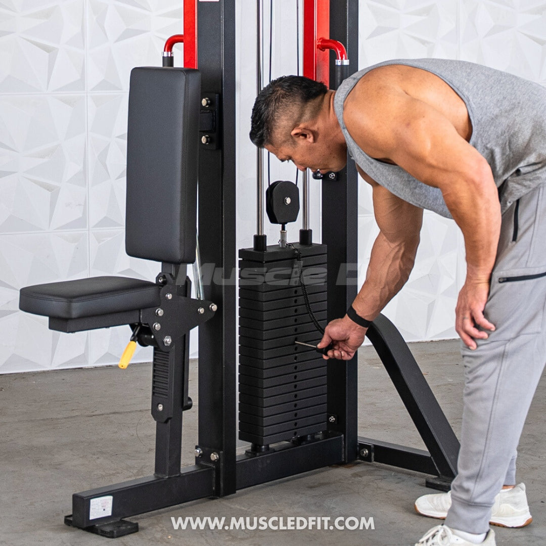 Man adjusting Classic V2 Pec/Rear Delt Combo in a fitness setting with 'MuscleDFit' branding.