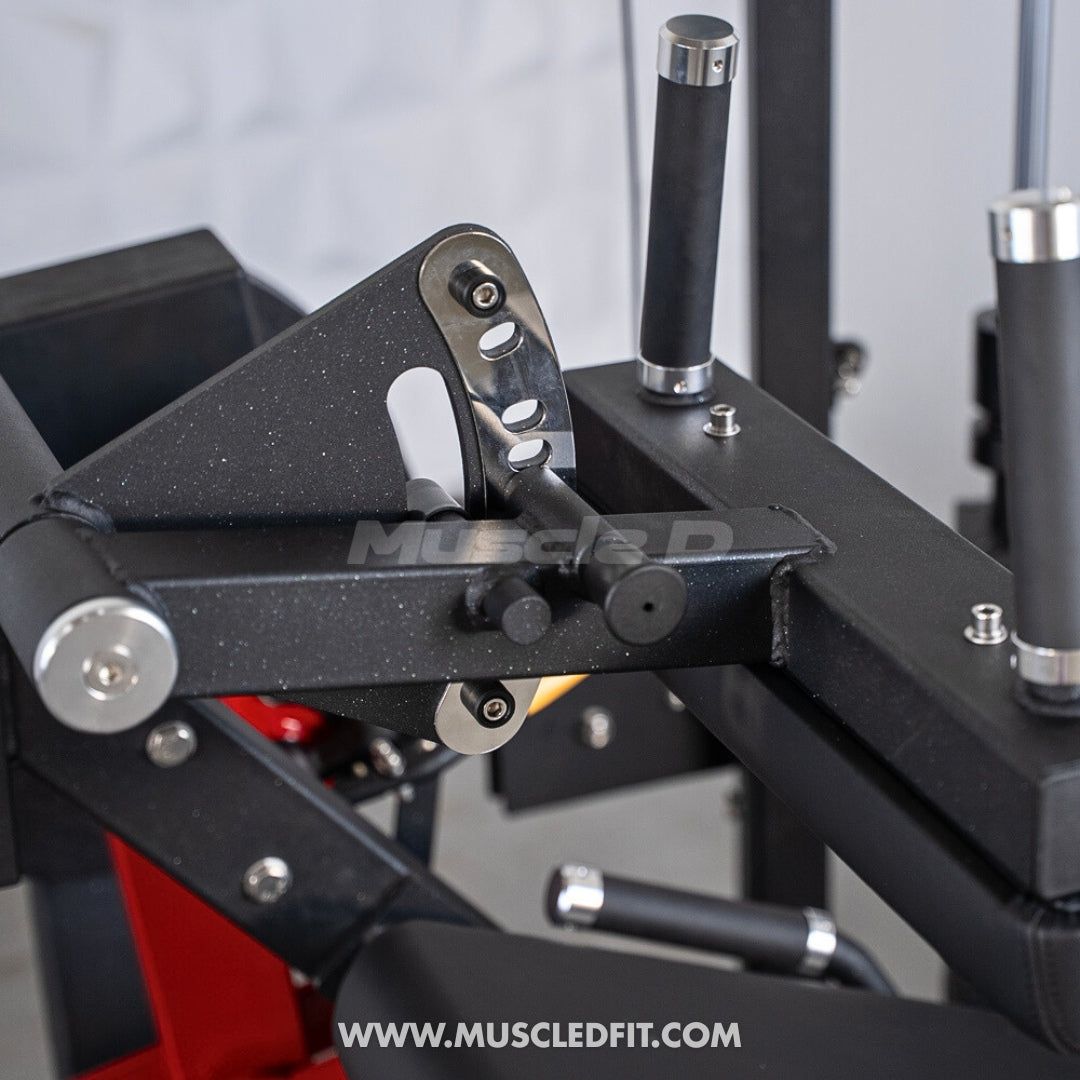 Close-up of a Classic V2 Seated Leg Curl machine with 'MuscleD Fit' branding.