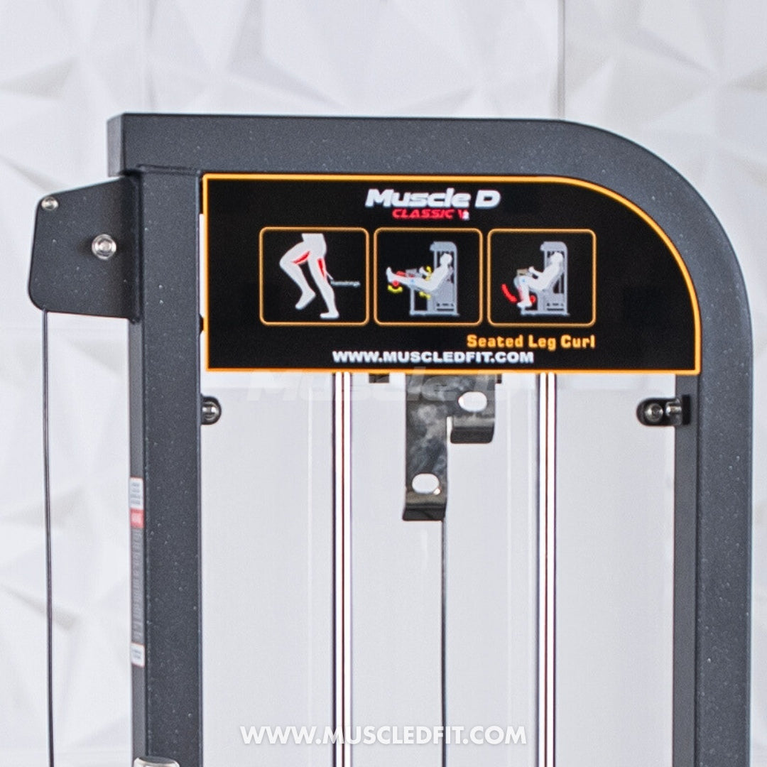 Classic V2 Seated Leg Curl machine with Muscle D branding on a white background