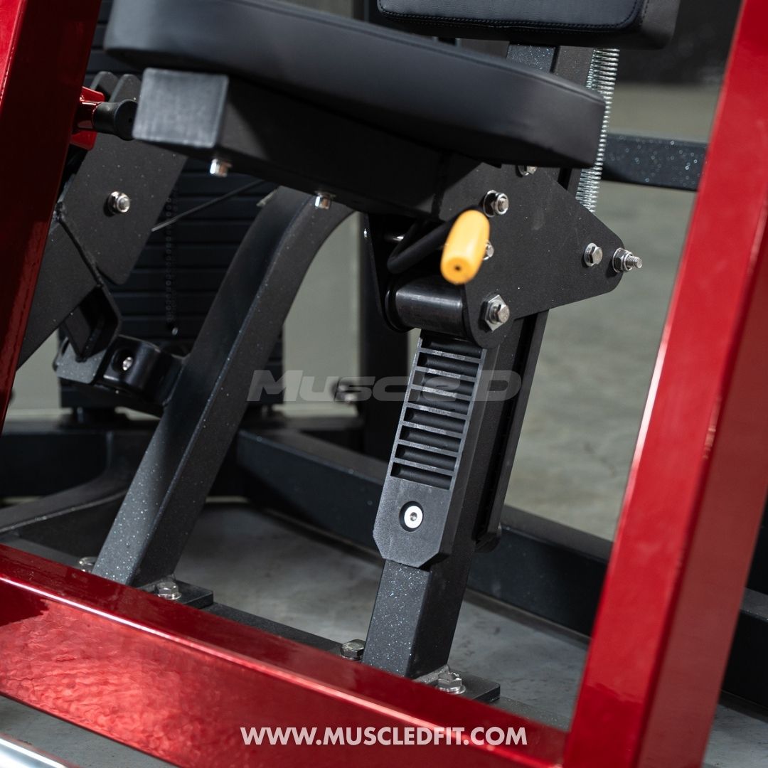 Close-up of a Classic V2 Selectorized Chest Press  machine with 'MuscleFit' branding.