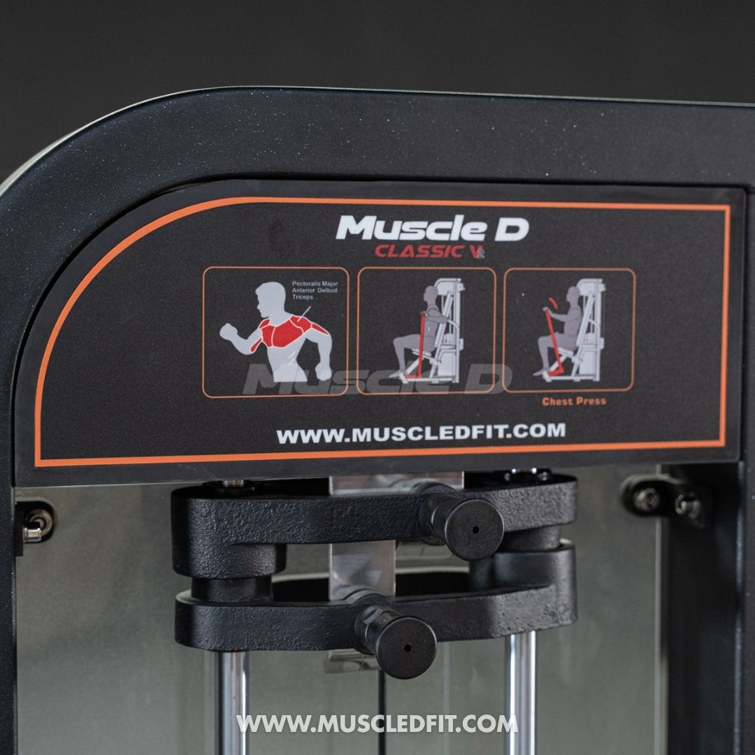 Muscle D fitness Classic V2 Selectorized Chest Press  equipment with branding and website information on a black background