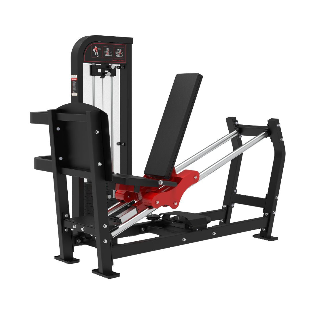 Classic V2 Selectorized Leg Press machine with black and red design on a white background