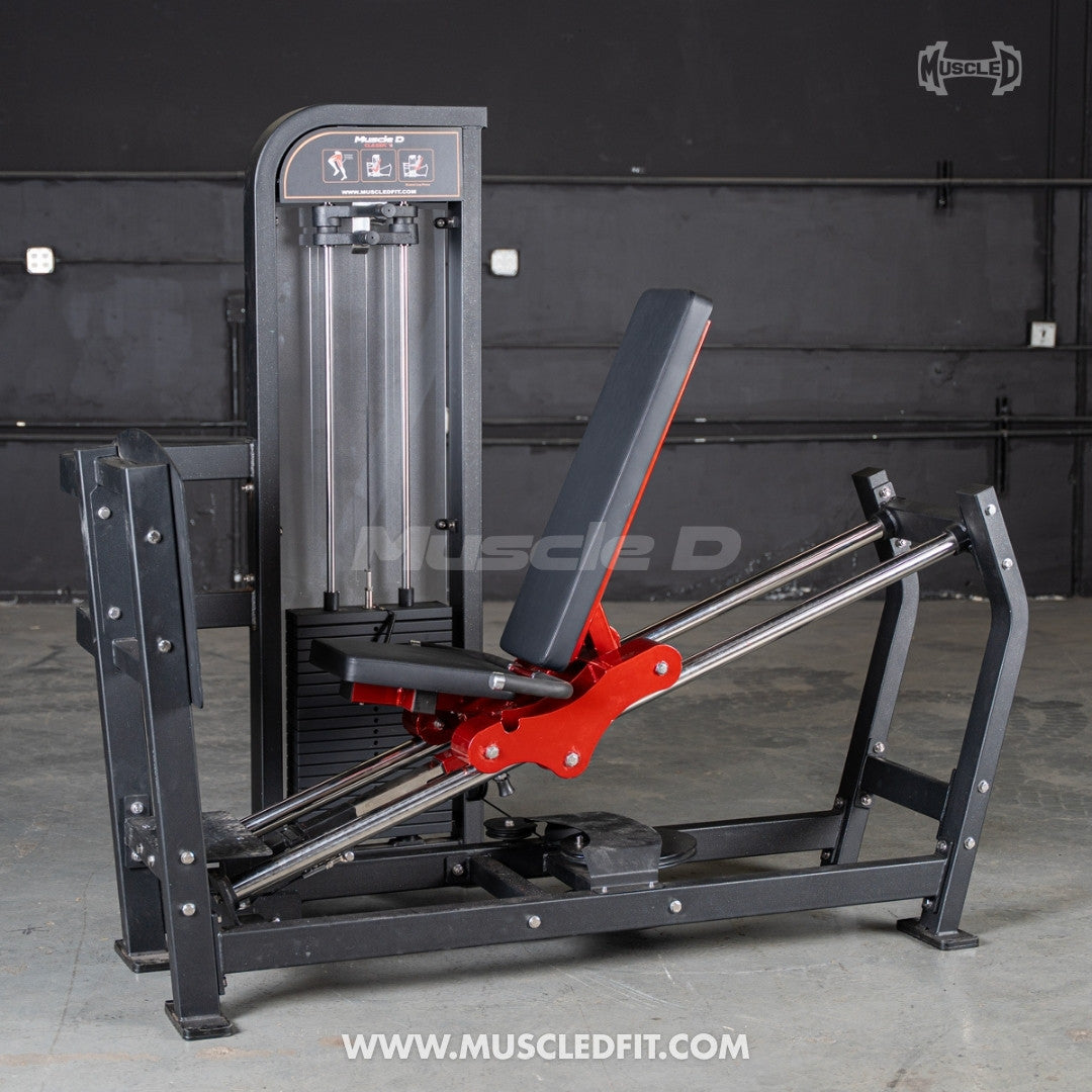 Muscle D Classic V2 Selectorized Seated Leg Press machine in a gym setting