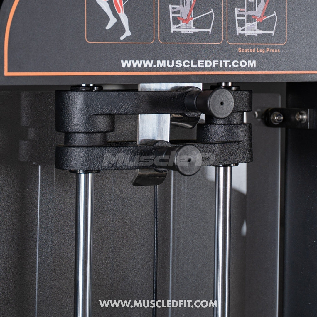 Close-up of a Classic V2 Selectorized Leg Press machine with 'MuscleDFit' branding and website URL.