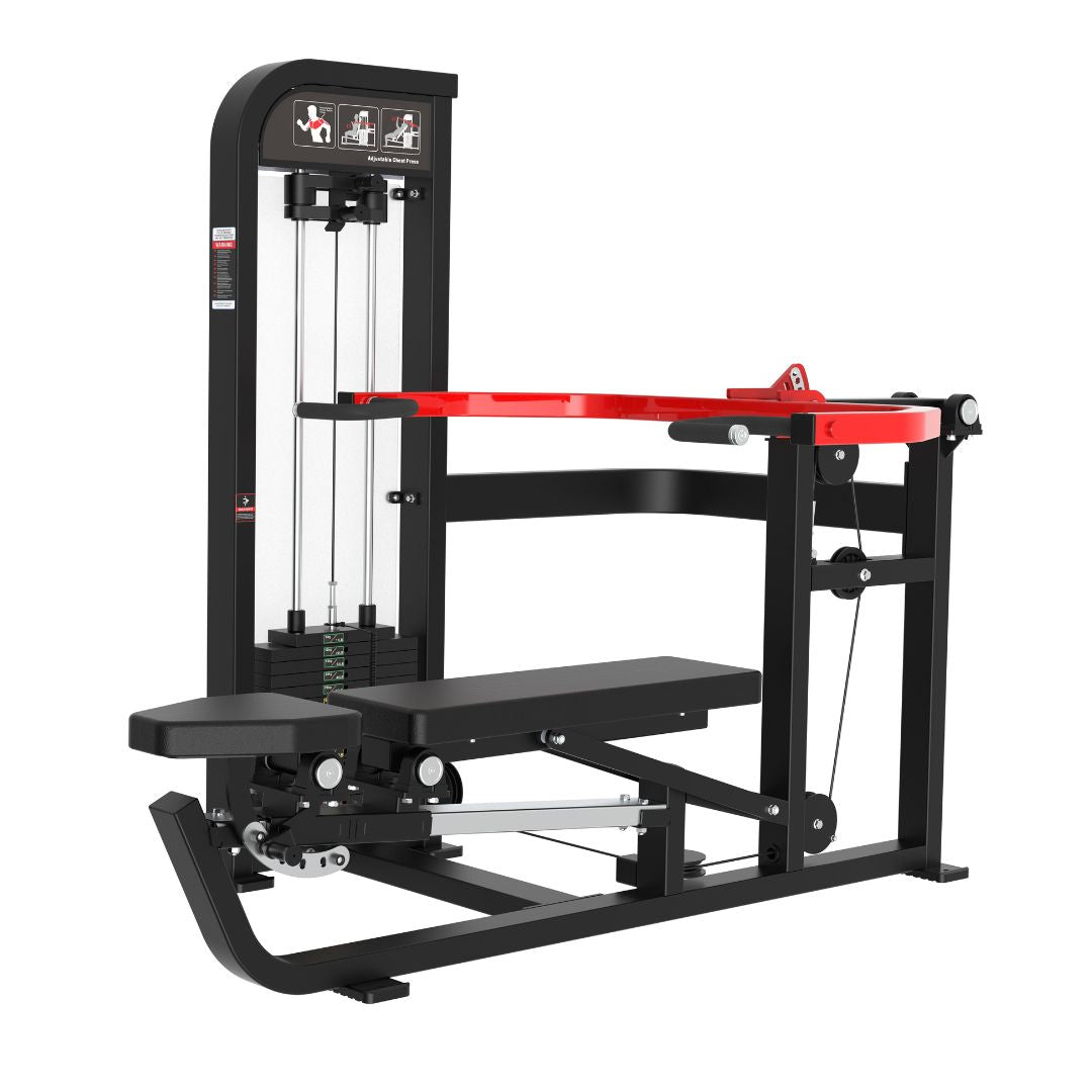 Classic V2 Selectorized Multi-Press Chest & Shoulder Press machine with red accents on a white background