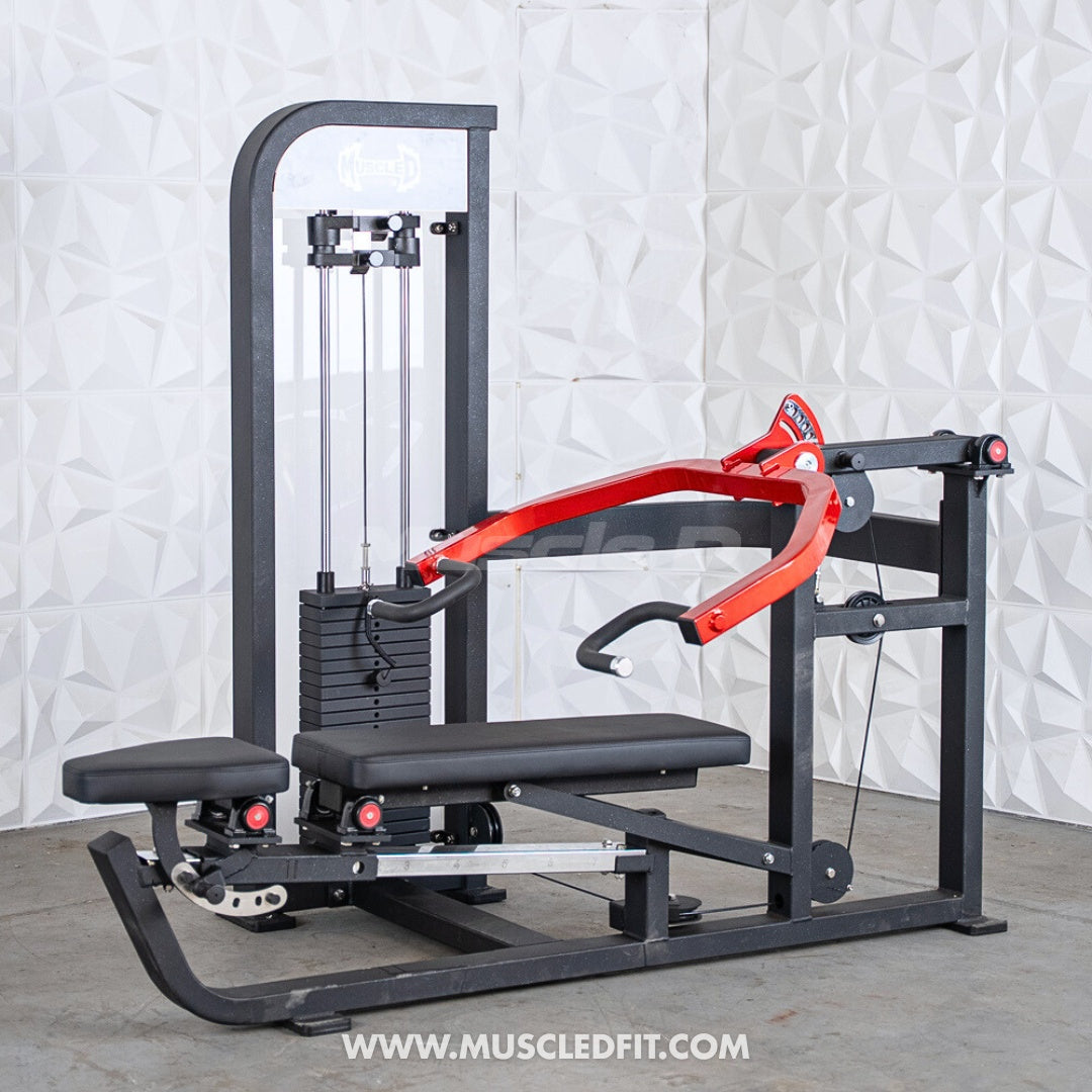 Classic V2 Selectorized Multi-Press Chest & Shoulder Press  machine with red handlebar on a textured white wall background