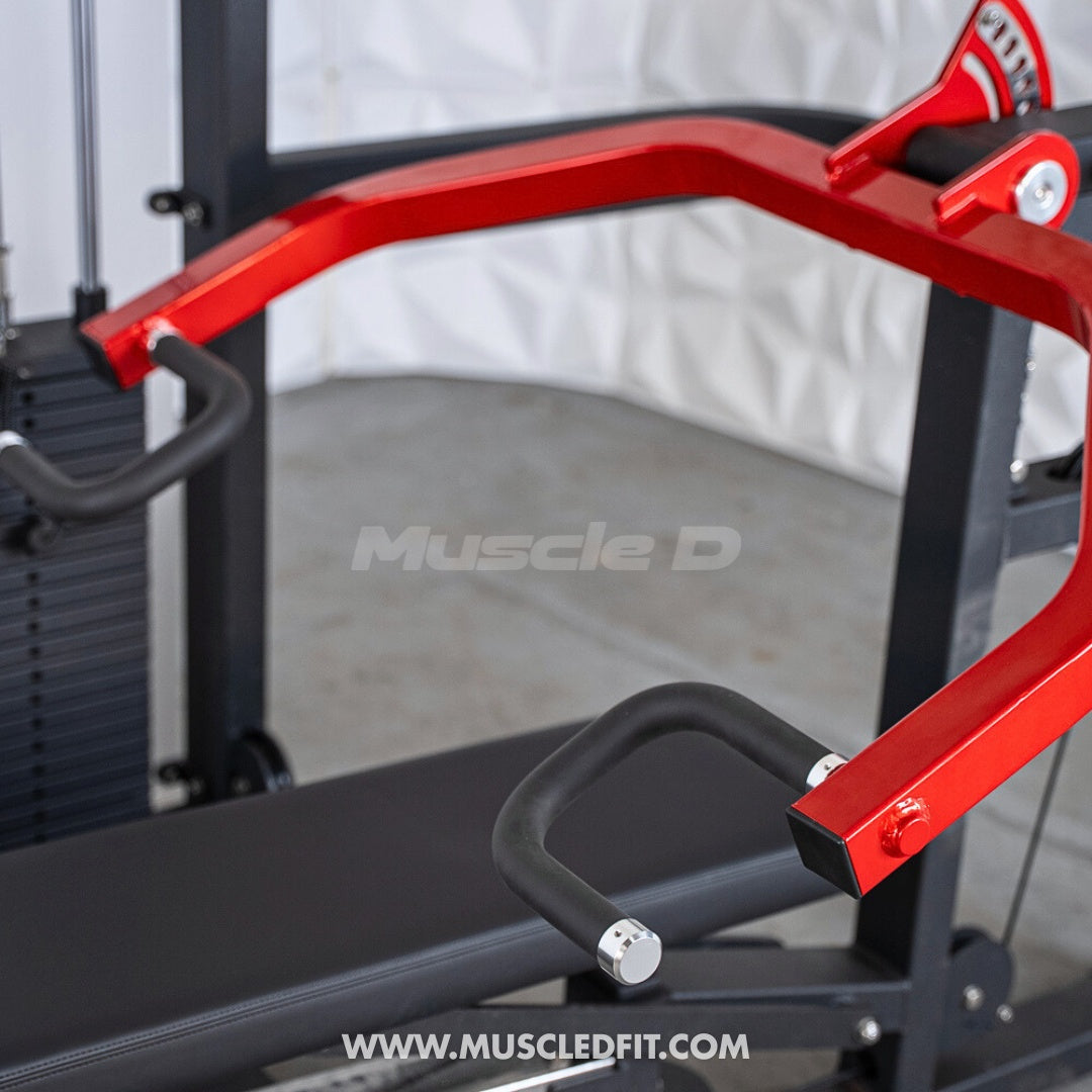 Red and black Classic V2 Selectorized Multi-Press Chest & Shoulder Press  machine with 'Muscle D' branding on a white background
