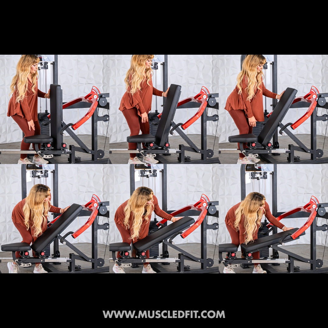 Woman using a Classic V2 Selectorized Multi-Press Chest & Shoulder Press machine in a gym setting with multiple angles shown.