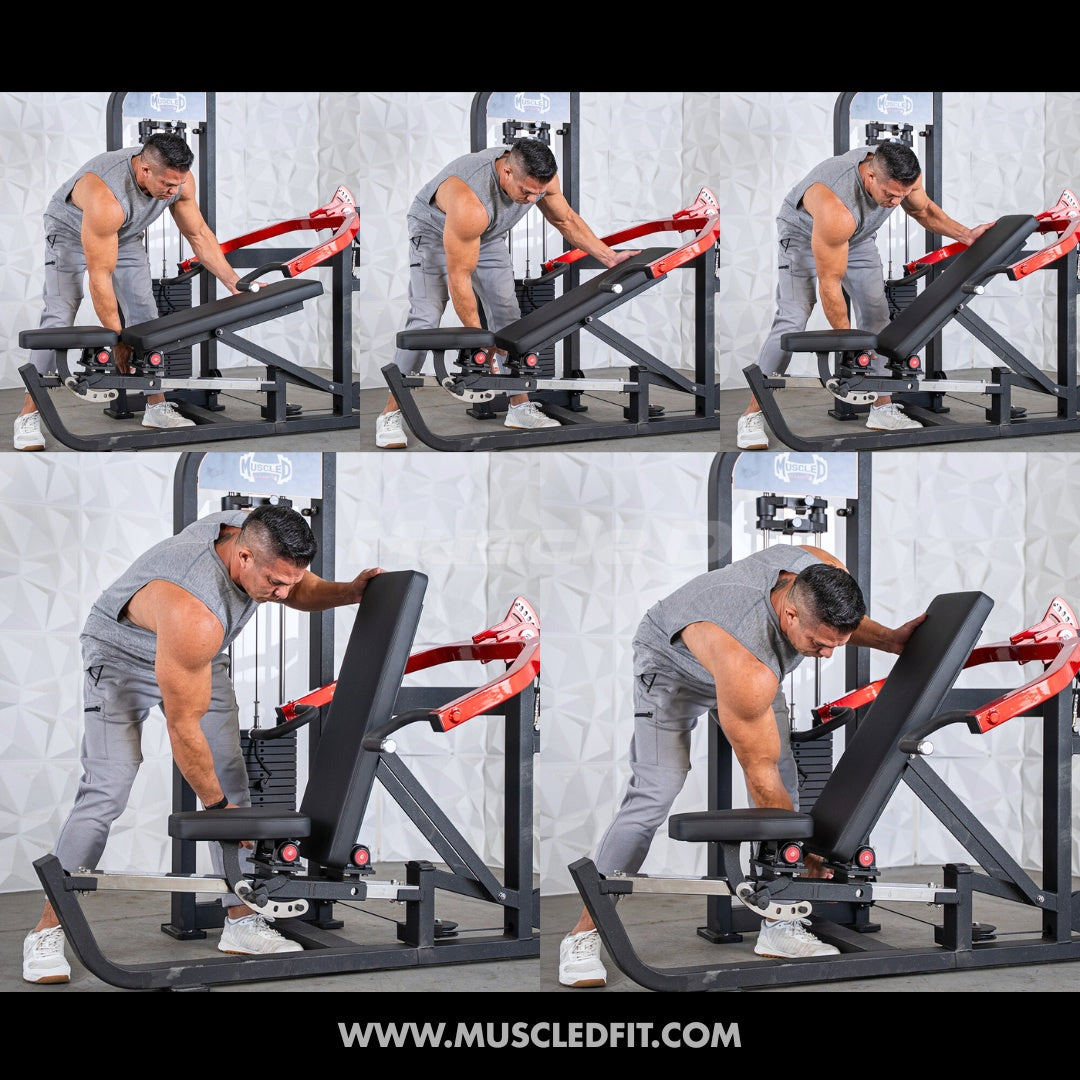 Man performing leg exercises on a Classic V2 Selectorized Multi-Press Chest & Shoulder Press  with a white wall background