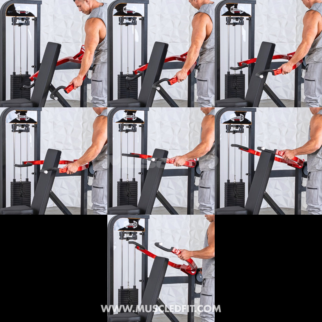 Person using a Classic V2 Selectorized Multi-Press Chest & Shoulder Press machine in a gym setting with multiple angles shown.