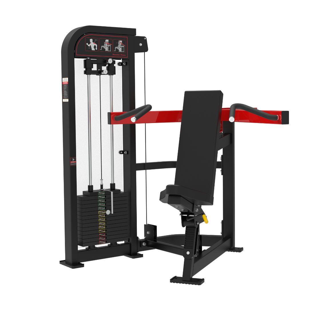 Classic V2 Shoulder Press machine with red and black design on a white background