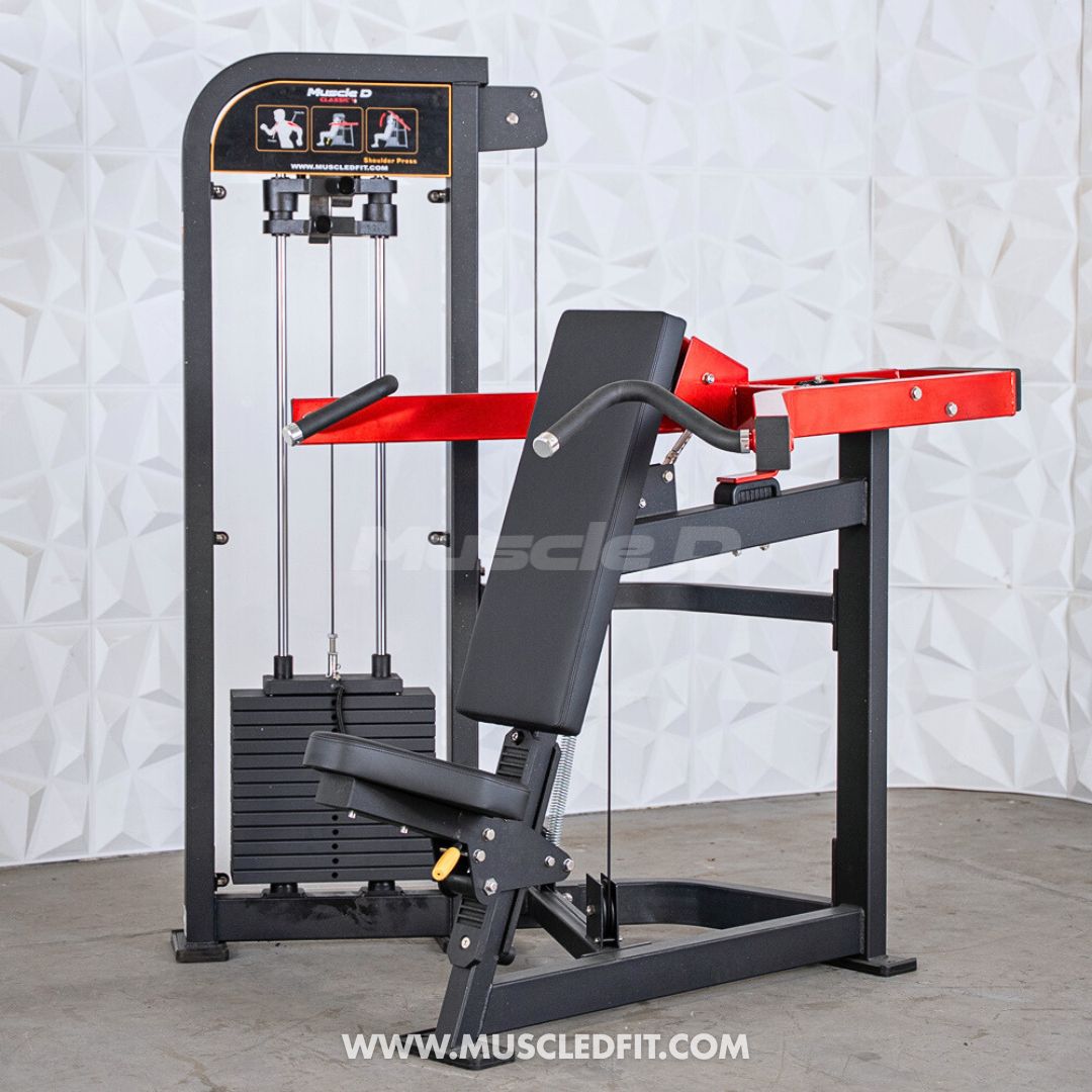 Classic-V2-Shoulder-Press machine with red and black design on a light gray background