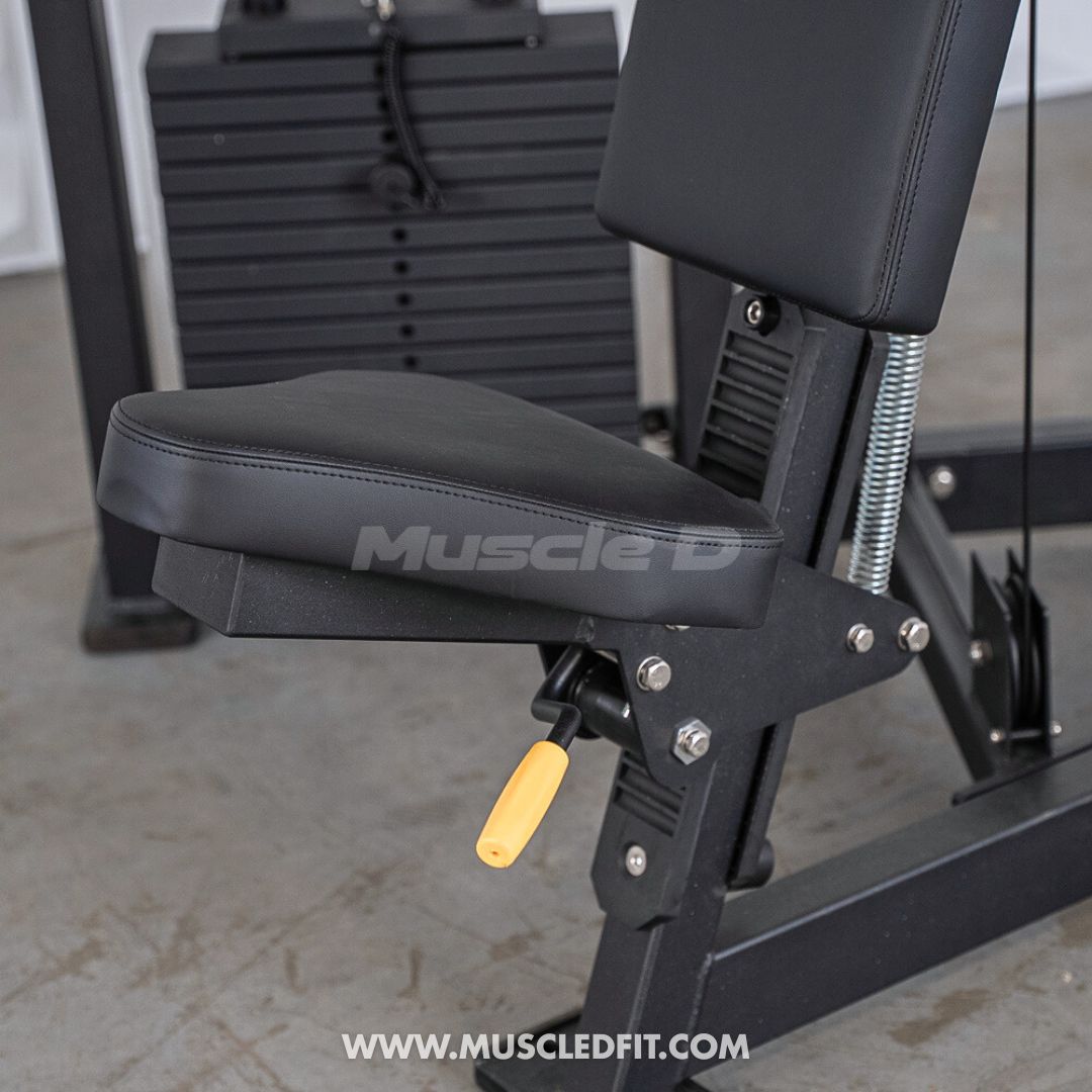 Black Classic V2 Shoulder Press machine with 'Muscle D' branding on a concrete floor.